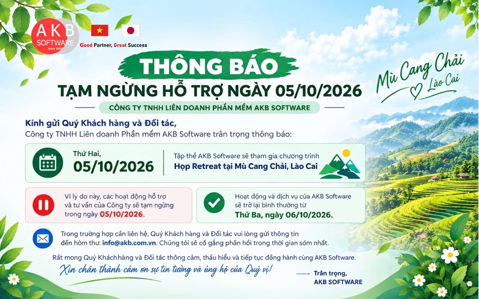 THÔNG BÁO NGHỈ HỌP RETREAT 05/10/2026